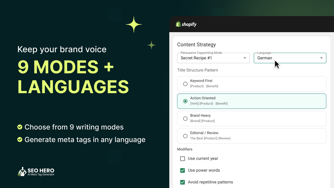 An interface of the SEO HERO AI Meta Tag Generator, designed for creating bulk meta descriptions and tags for Shopify stores.