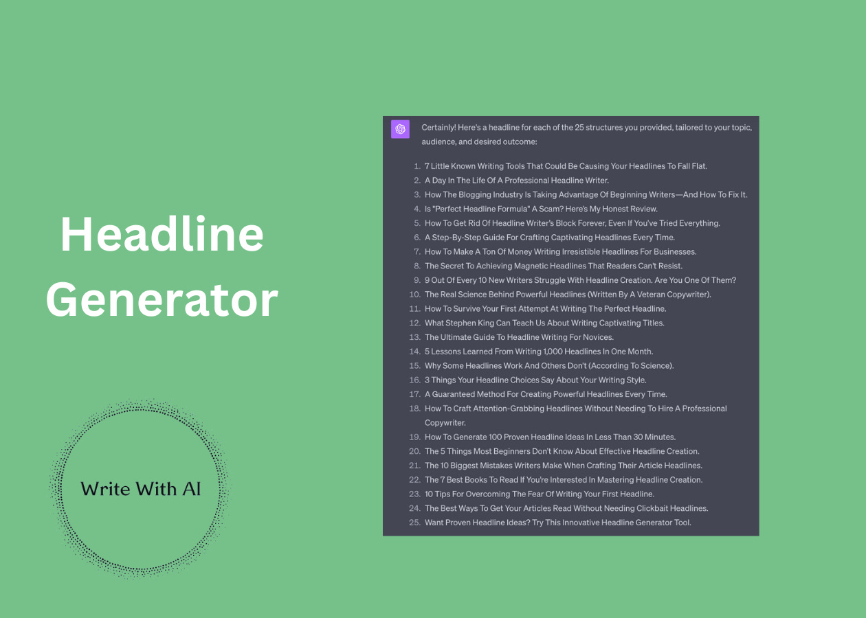 A screenshot of a headline generator tool using ChatGPT to create proven title templates for content.