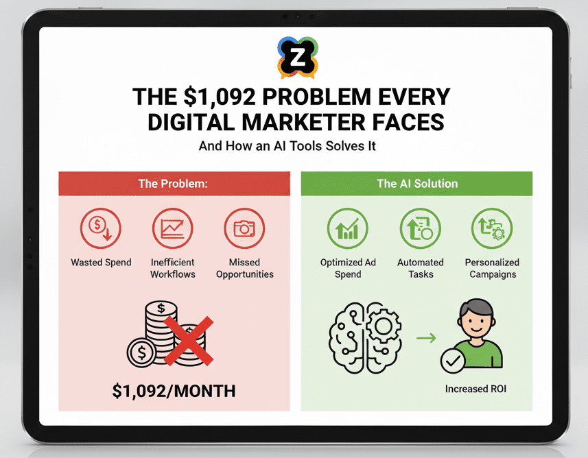 A promotional graphic for a 6-in-1 AI tools platform designed to streamline marketing efforts.