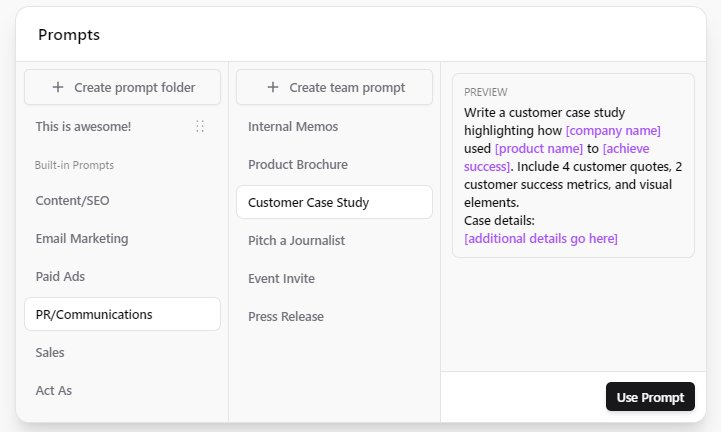 An overview of the features in an AI prompt library for team collaboration.