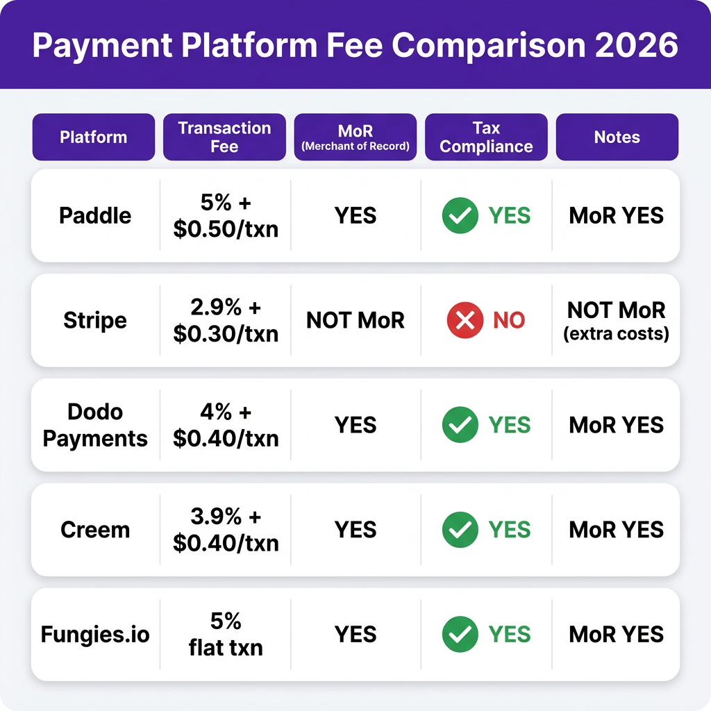 Visual breakdown of payment options for SaaS platforms in 2026 with Paddle and Stripe.