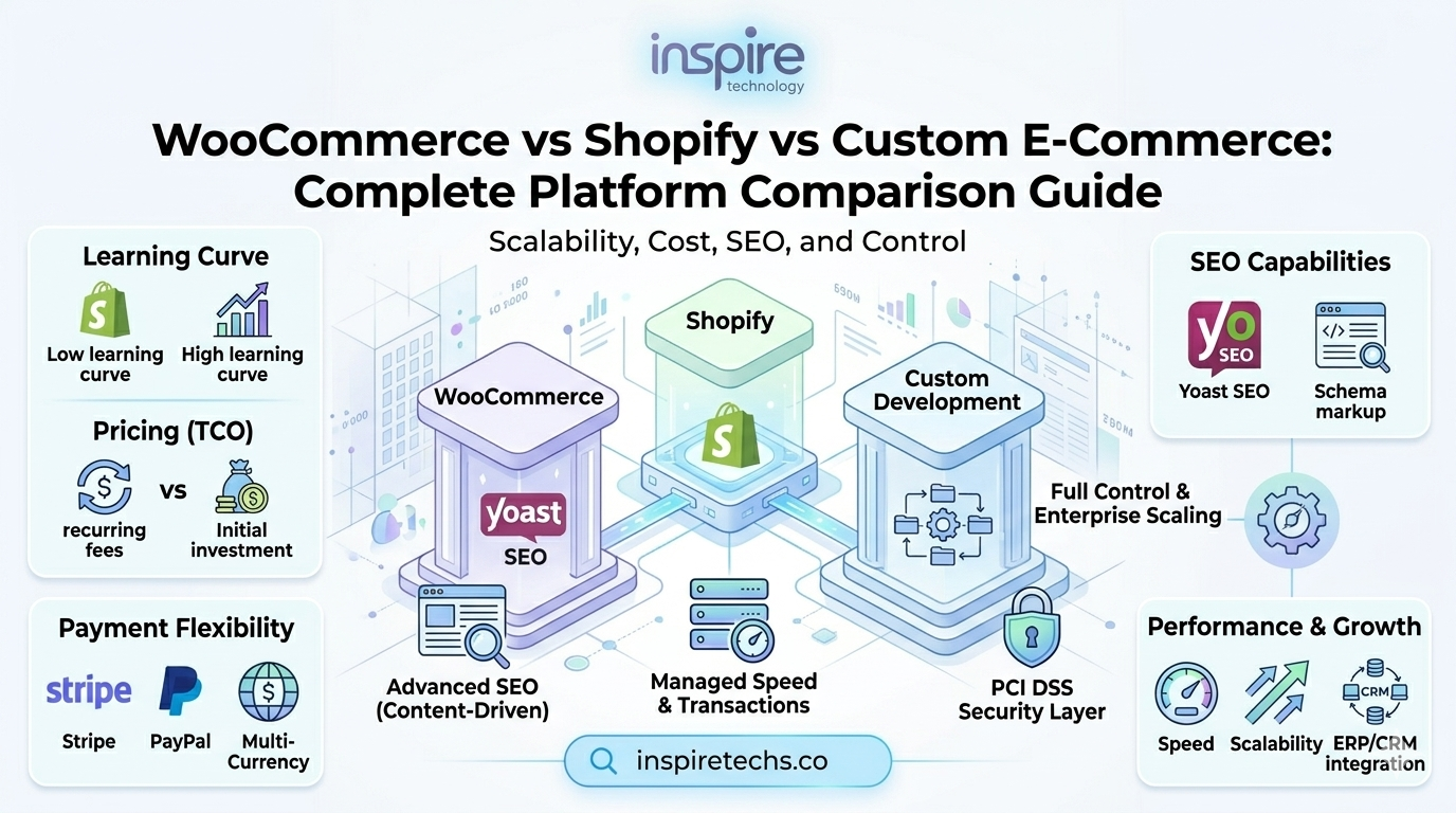 Visual breakdown of custom eCommerce website development versus Shopify and WooCommerce SEO options.
